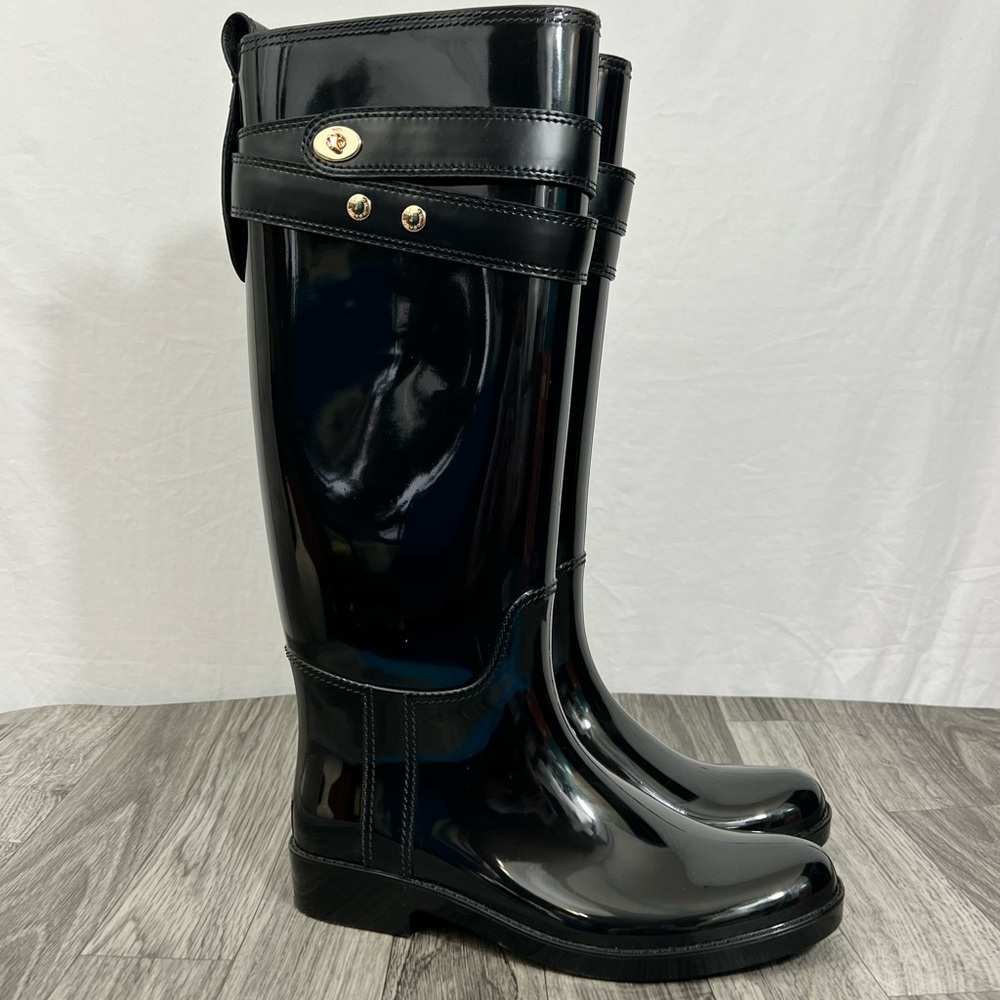 Coach Talia Tall Shiny Black Rain Boots Gold Turn Lock